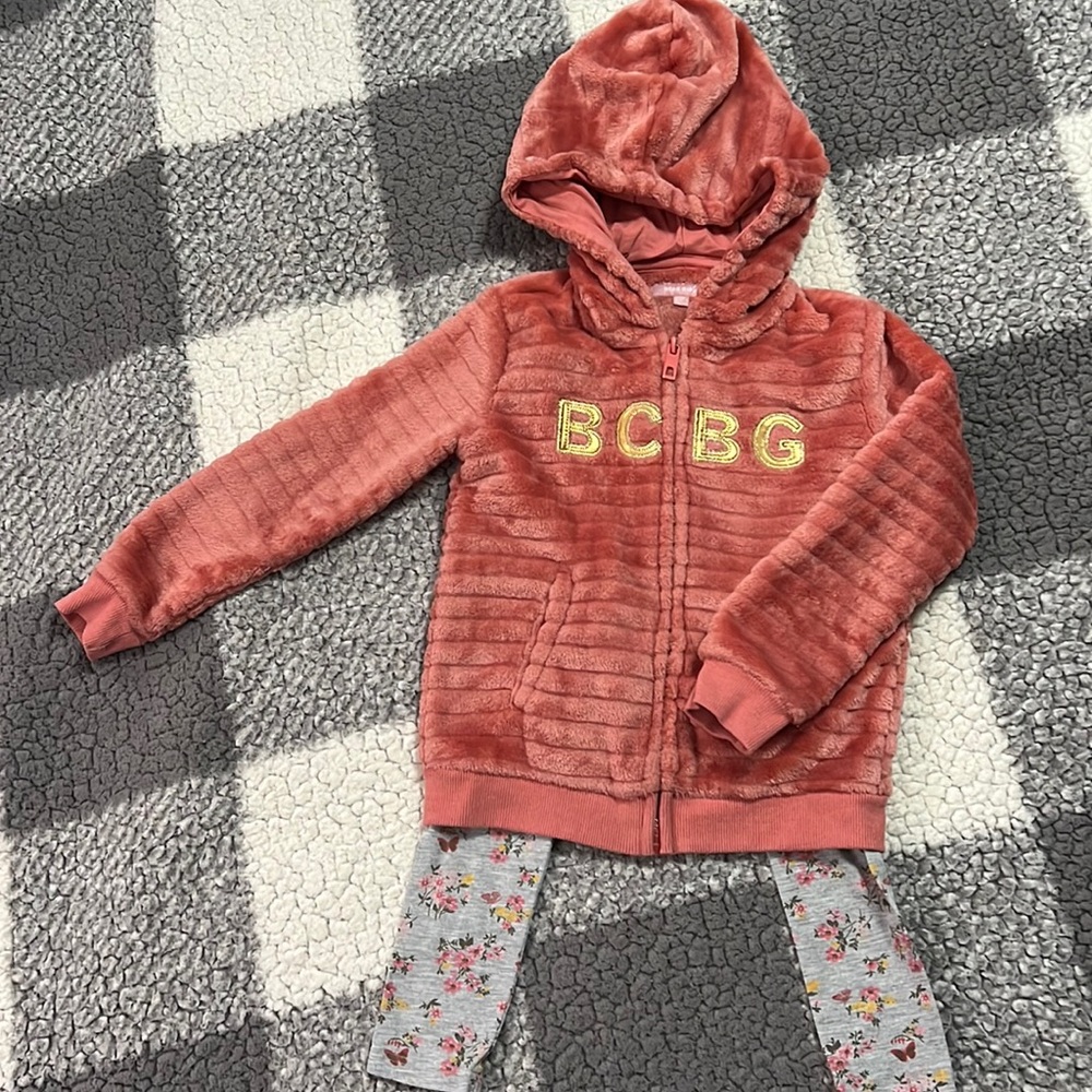 Girls BCBG Pink Sherpa Hoodie and Leggings Set